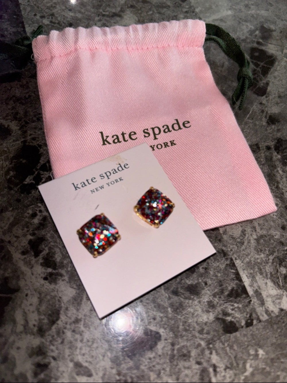 kate spade Multicolor Glitter Square Stud Earrings with Pink dust Pouch